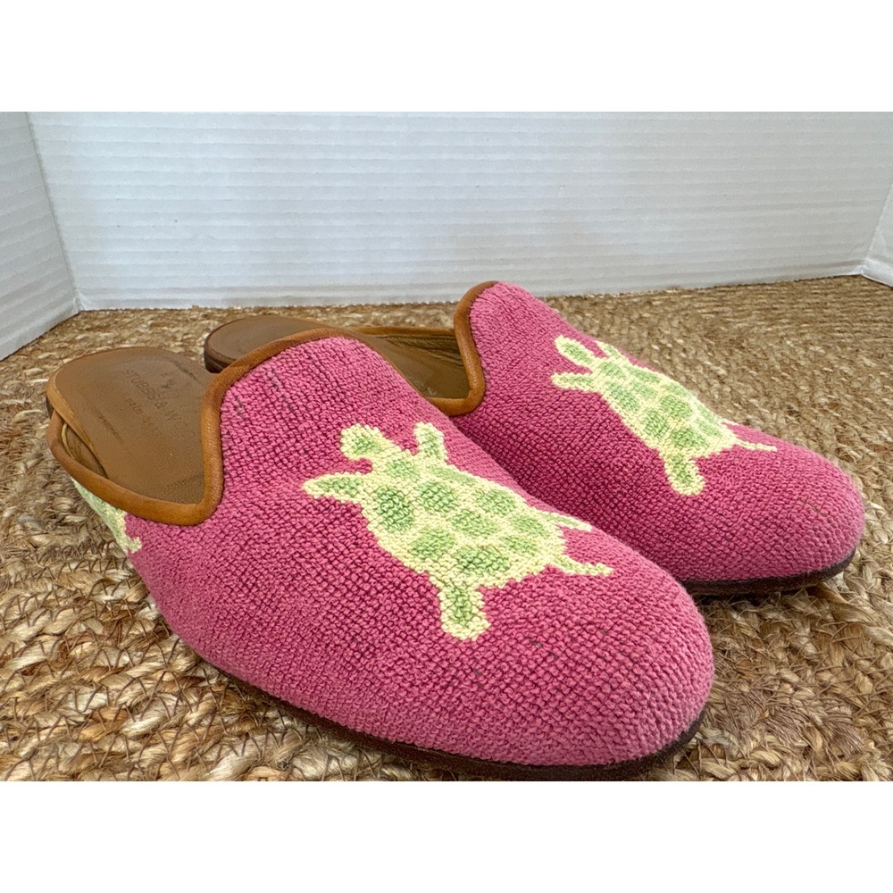Stubbs & Wootton size 8 Pink Needlepoint Sea Turtle Mules Slides Shoes *see pics